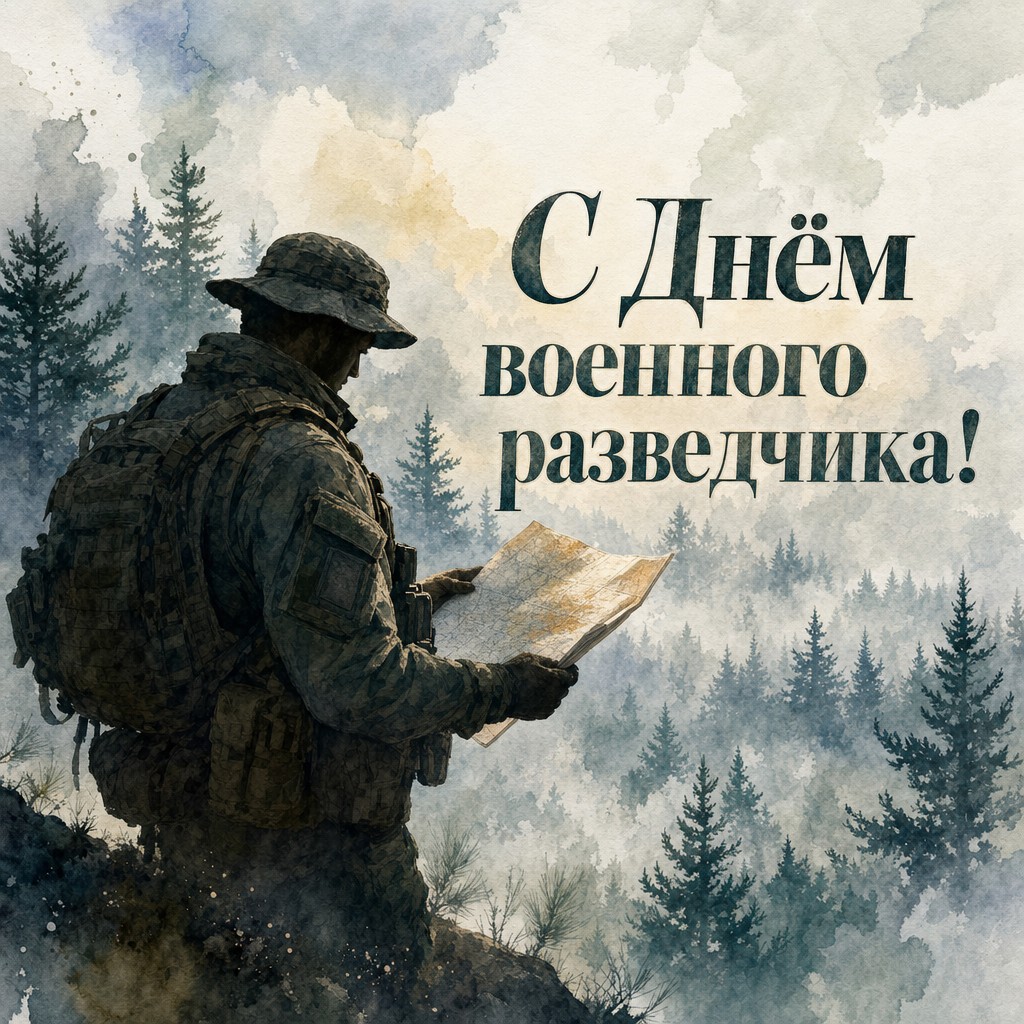 Атмосферная акварельная открытка на День военного разведчика с силуэтом разведчика и туманным лесом.