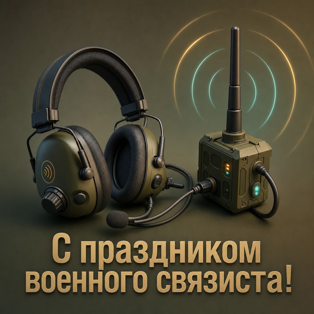 Яркая 3D-открытка на День военного связиста с гарнитурой, антенной и световыми сигналами.