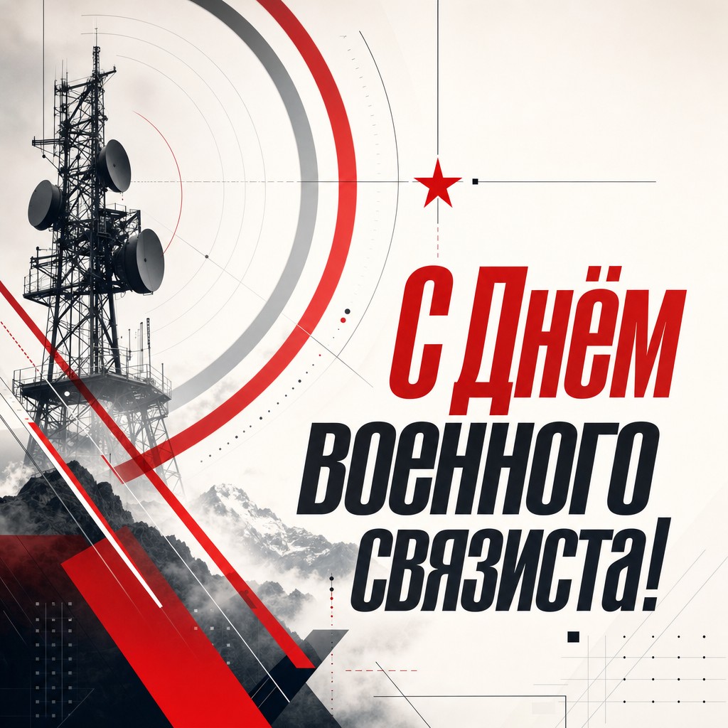 Современная открытка на День военного связиста с контрастной геометрией и радиоволнами.