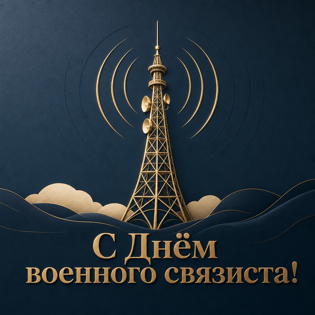Премиальная открытка на День военного связиста с золотой сигнальной вышкой и радиоволнами.