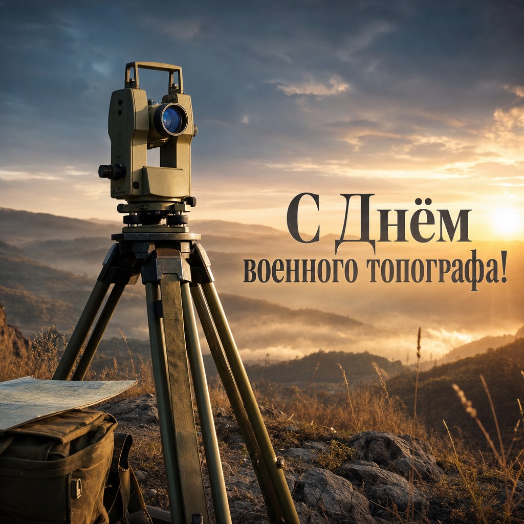 Кинематографичная открытка на День военного топографа с теодолитом на рассвете и благородной полевой атмосферой.