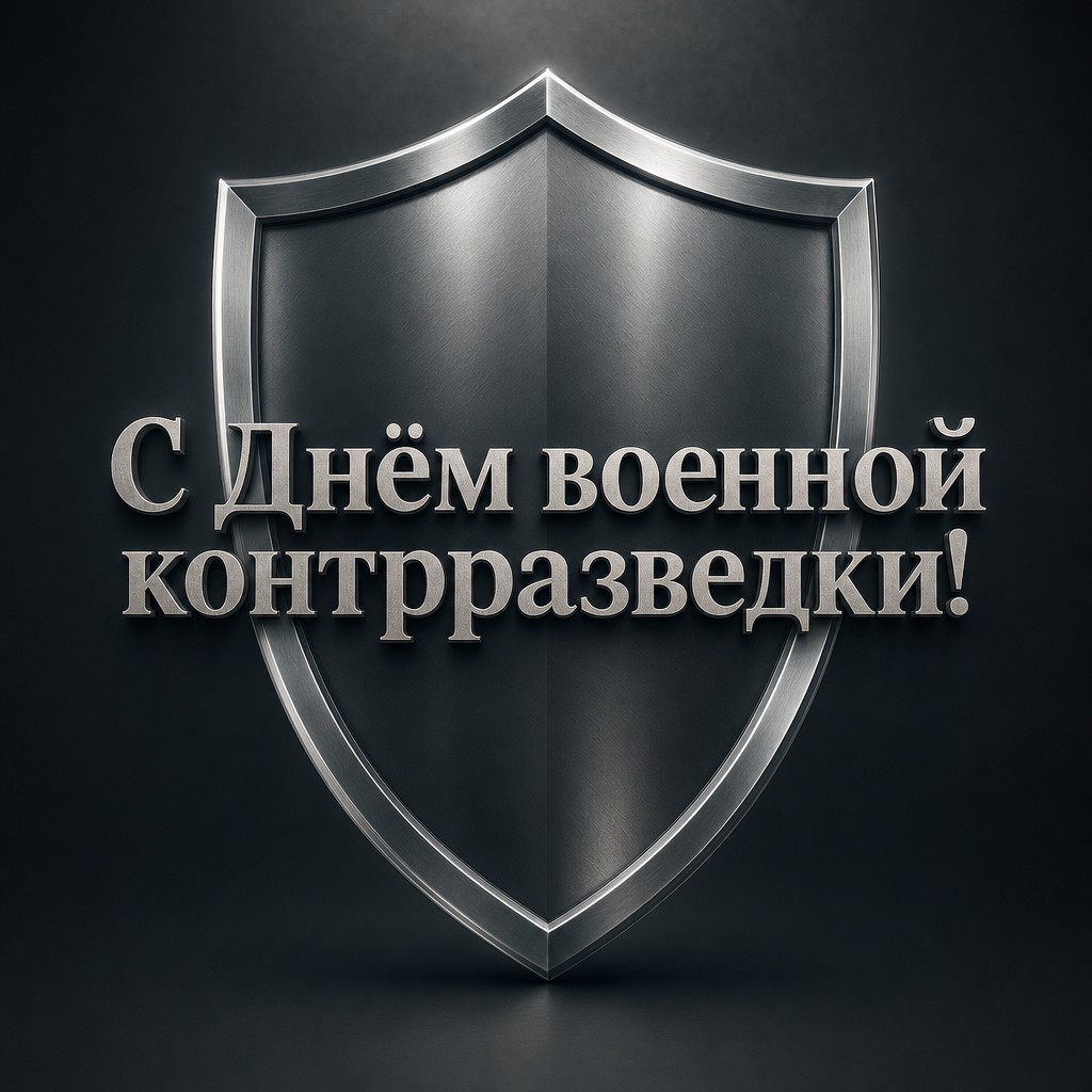 Строгая минималистичная открытка ко Дню военной контрразведки с металлическим щитом и холодным серебряным светом.