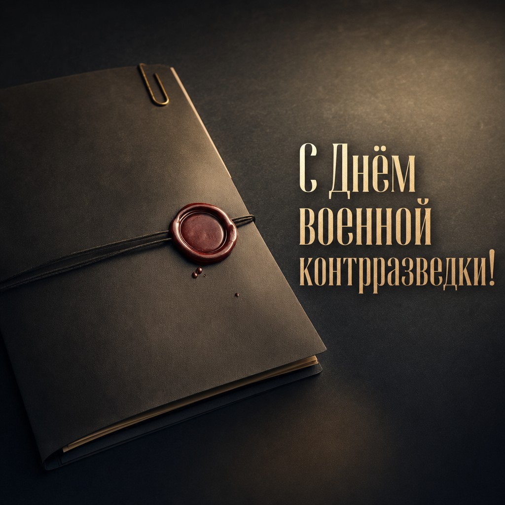Премиальная открытка ко Дню военной контрразведки: закрытая папка, сургучная печать и строгая графитово-золотая палитра.