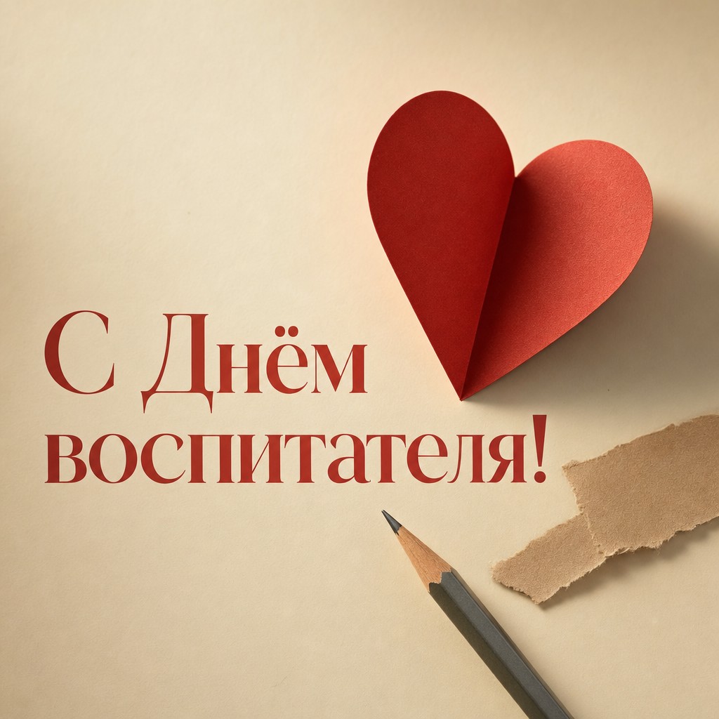 Лаконичная премиальная открытка на День воспитателя с бумажным сердцем ручной работы.