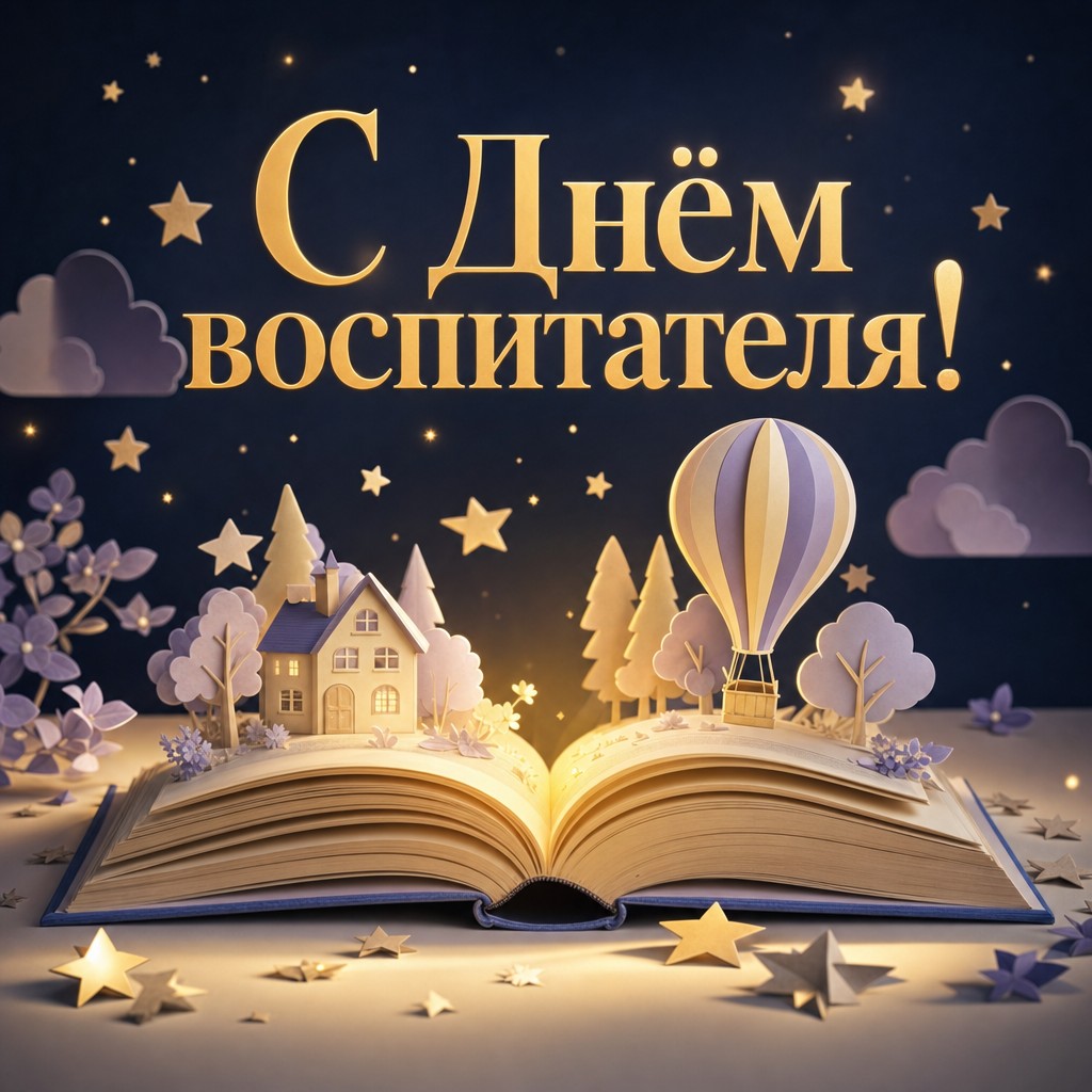 Сказочная открытка на День воспитателя с открытой детской книгой и мягким сиянием.
