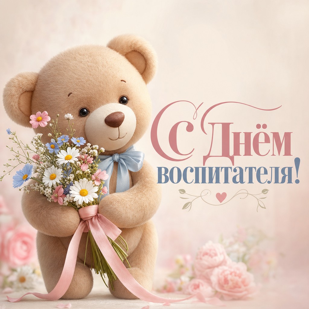 Милая пастельная открытка на День воспитателя с плюшевым мишкой и букетиком.