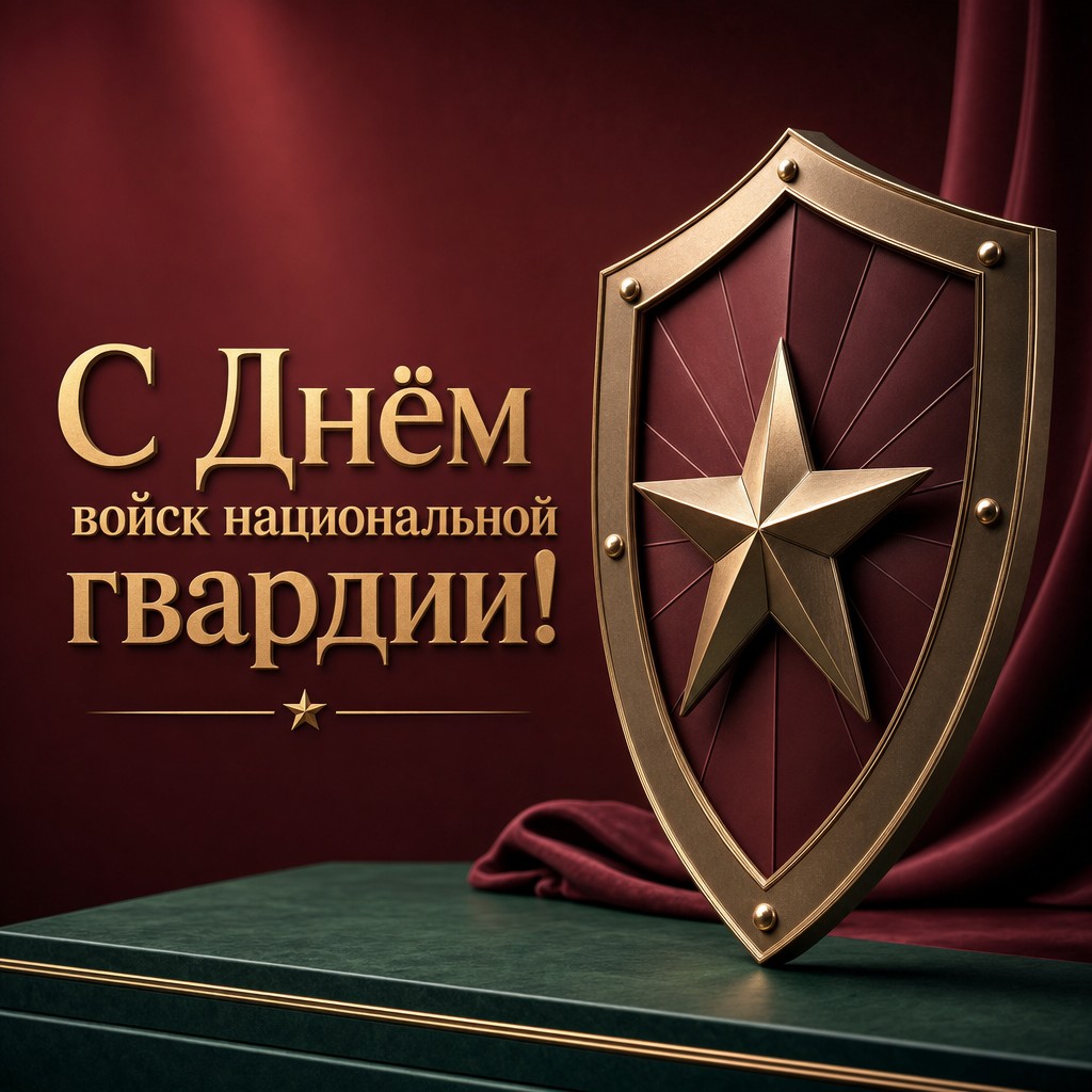 Современная 3D-открытка с объемным щитом и звездой для поздравления с Днем войск национальной гвардии.