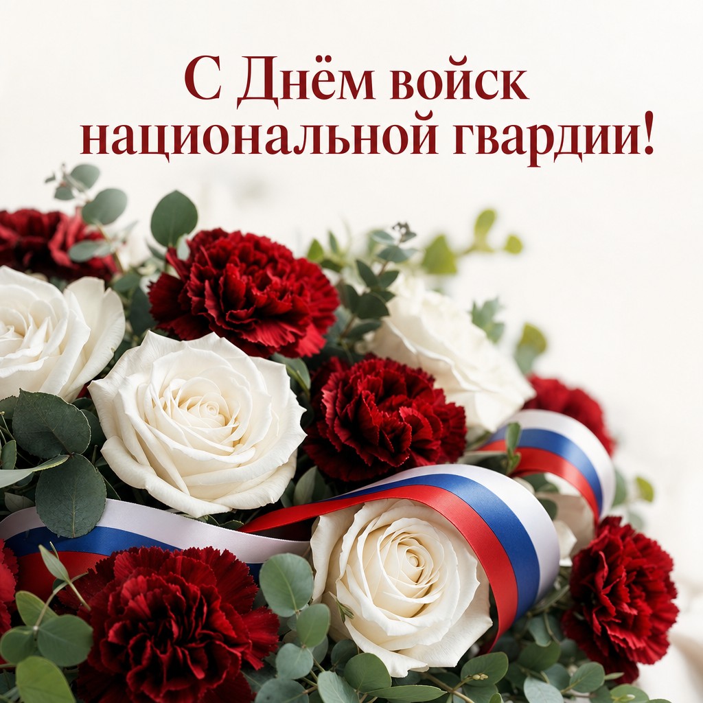 Элегантная цветочная открытка с красными гвоздиками и белыми розами ко Дню войск национальной гвардии.