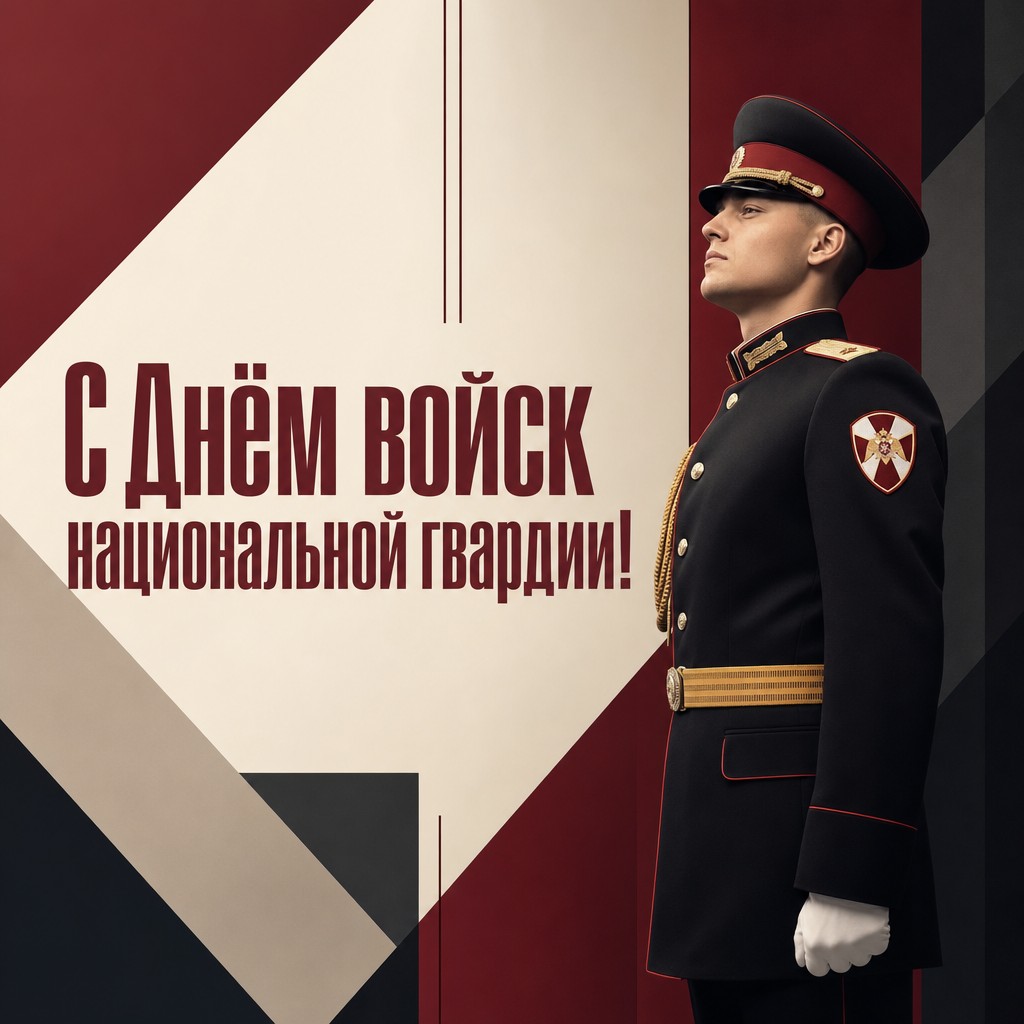 Современная открытка с графичным силуэтом военнослужащего и строгой бордово-стальной палитрой.