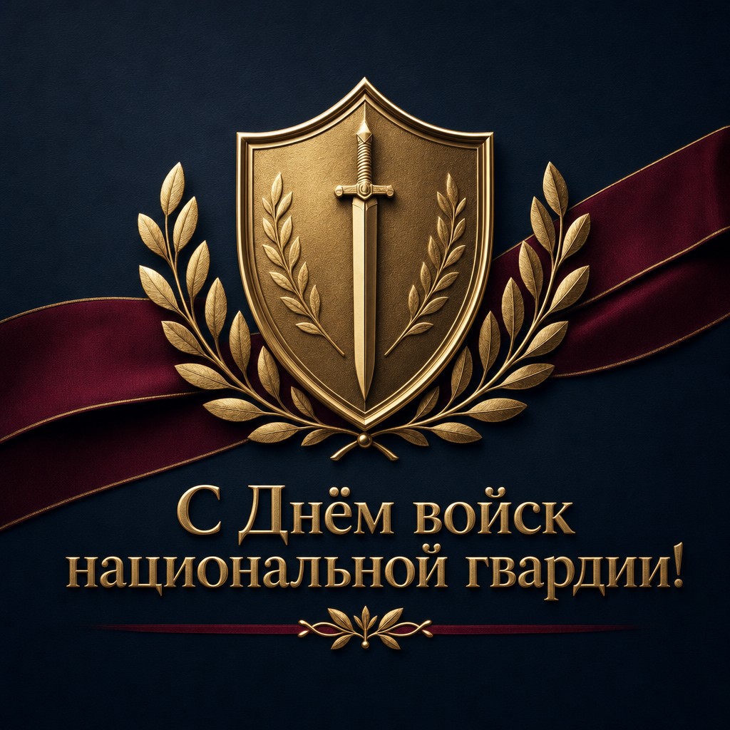 Премиальная открытка с золотым щитом, лавром и темно-синим фоном для Дня войск национальной гвардии.