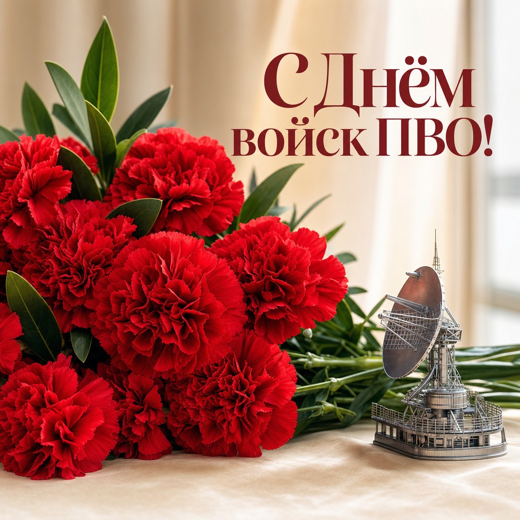 Тёплая открытка на День войск противовоздушной обороны с красными гвоздиками и радаром.