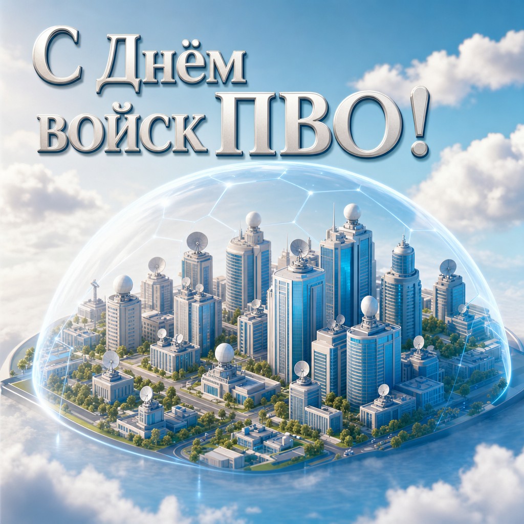 Светлая 3D открытка на День войск противовоздушной обороны с защитным куполом над городом.