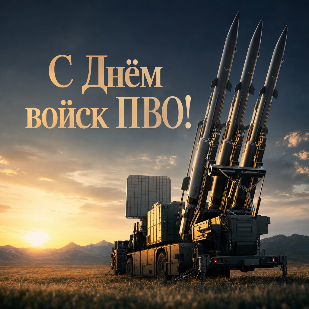 Премиальная открытка на День войск противовоздушной обороны с зенитным комплексом на рассвете.