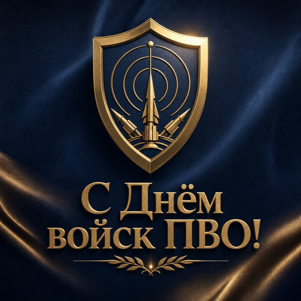 Стильная открытка на День войск противовоздушной обороны с золотым щитом и радарными волнами.