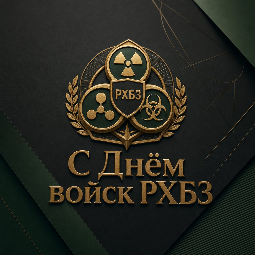 Премиальная открытка на День войск РХБЗ с золотым тиснением и строгой торжественной композицией.