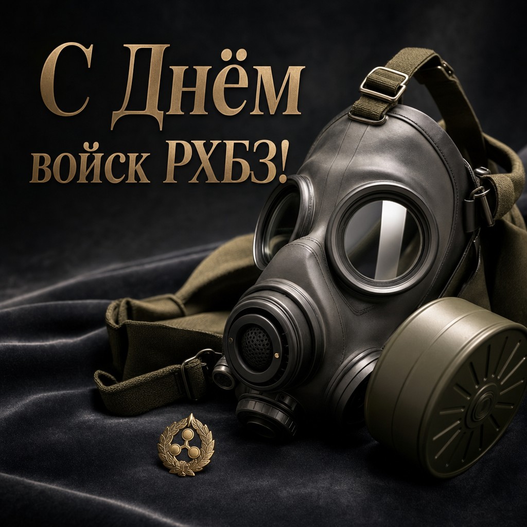 Стильная открытка на День войск радиационной, химической и биологической защиты с противогазом в премиальной фотостилистике.