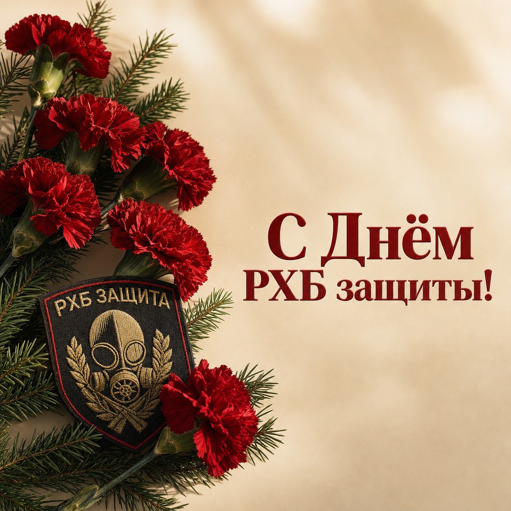 Поздравительная открытка ко Дню войск РХБЗ с реалистичными красными гвоздиками и аккуратным шевроном.
