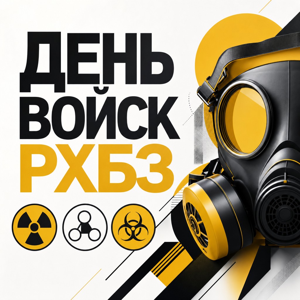 Современная открытка ко Дню войск РХБЗ с лаконичными пиктограммами радиационной, химической и биологической защиты.