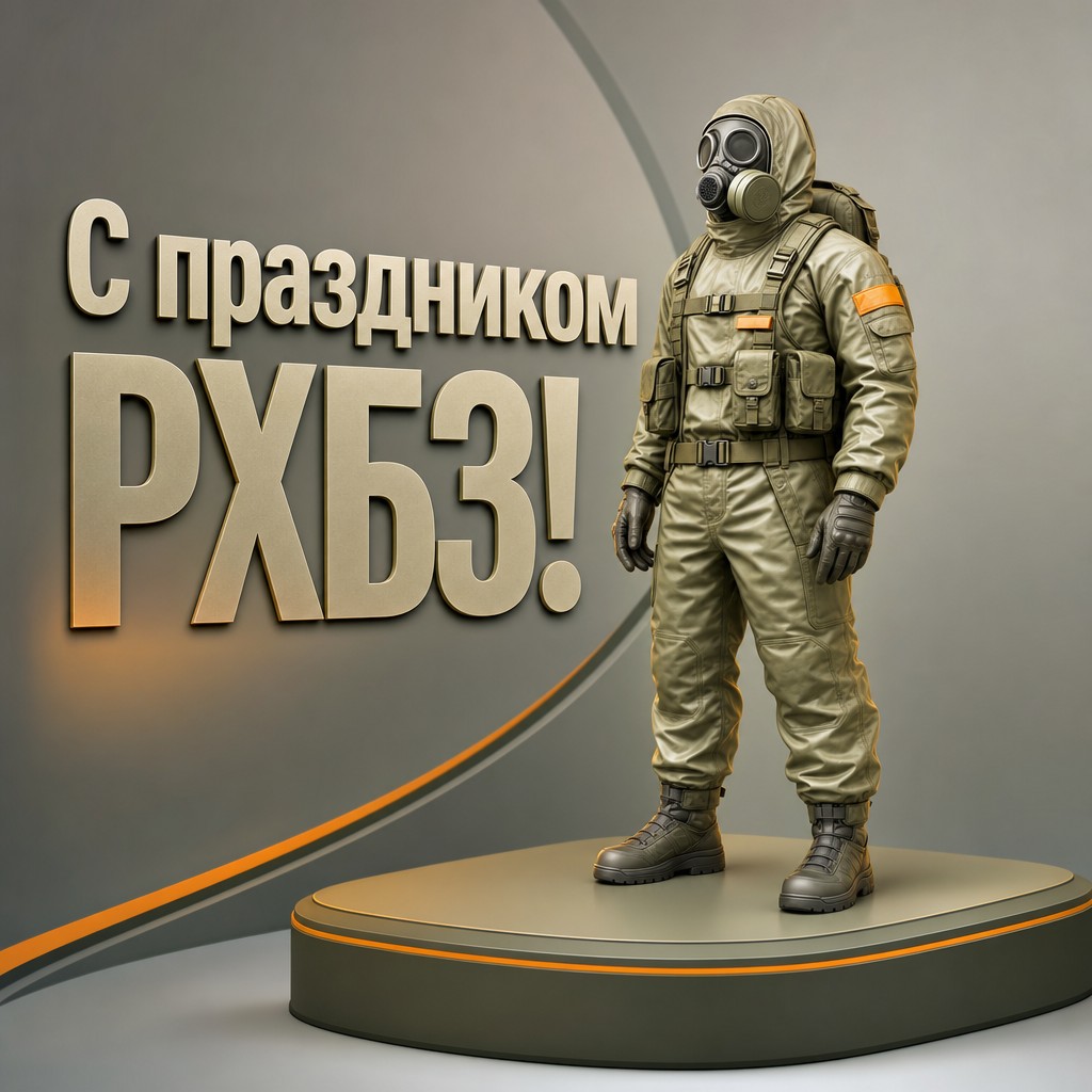 Объемная 3D-открытка на День войск РХБЗ с защитным костюмом, противогазом и аккуратной изометрией.