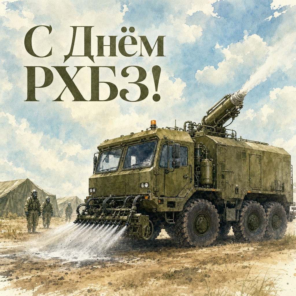 Акварельная открытка на День войск РХБЗ с машиной специальной обработки на спокойном полевом фоне.
