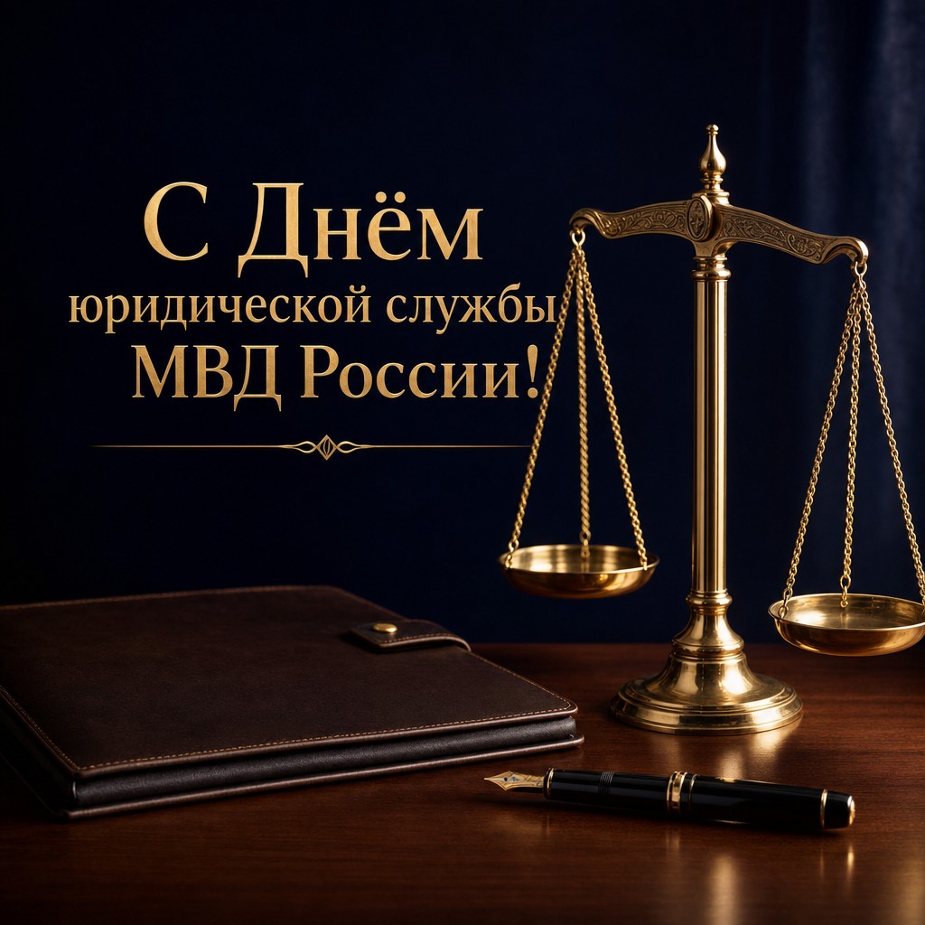 Строгая премиальная открытка ко Дню юридической службы МВД России с весами правосудия, документами и ручкой.