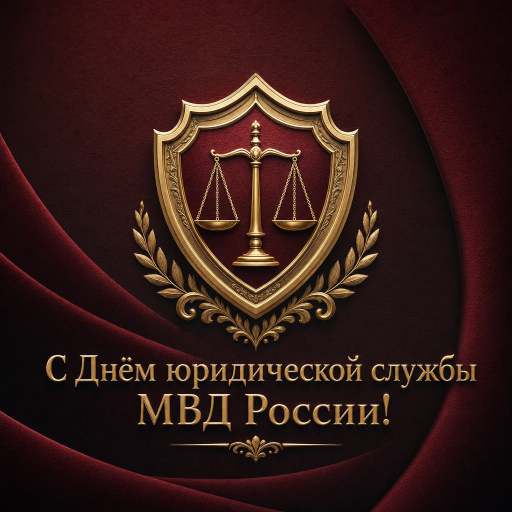 Роскошная открытка ко Дню юридической службы МВД России с золотым щитом, весами и бордовой фактурой.