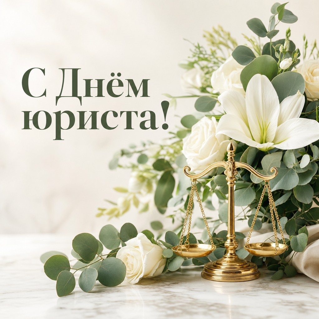 Нежная открытка на День юриста с белыми цветами и золотыми весами правосудия.