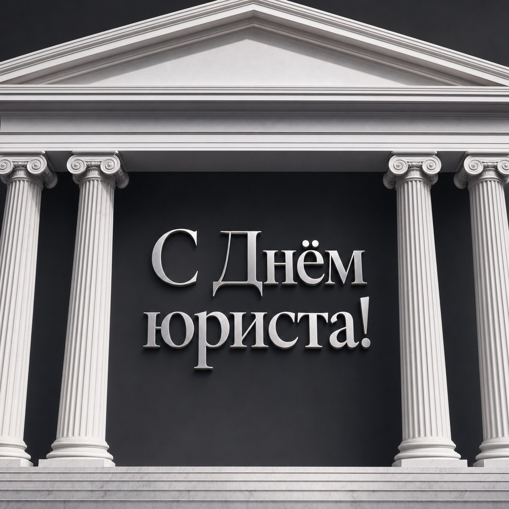 Минималистичная открытка на День юриста с классическими колоннами суда и строгой премиальной эстетикой.