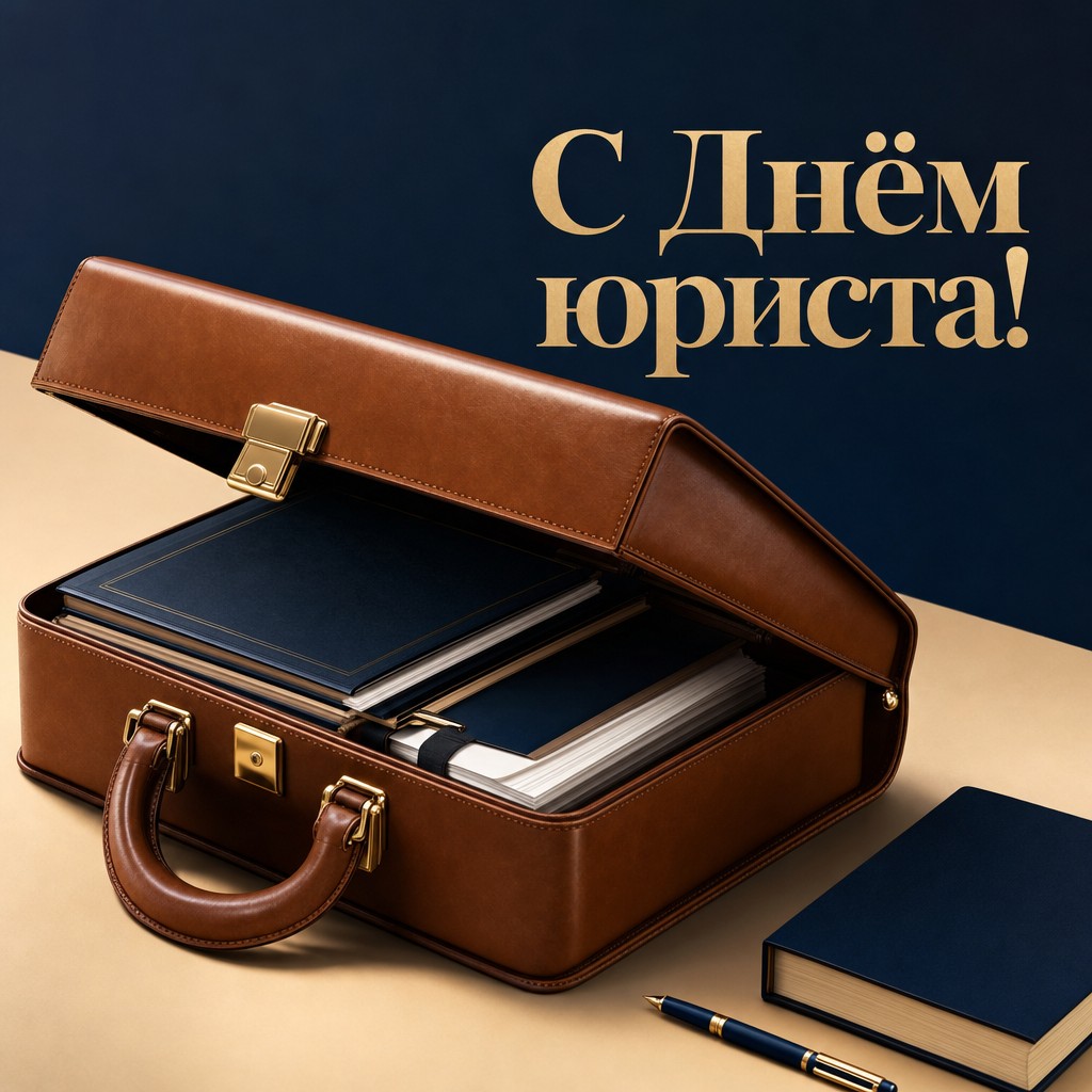 Современная открытка на День юриста с кожаным портфелем и документами в 3D-стиле.