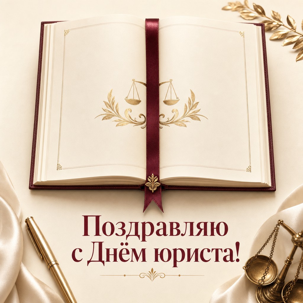 Премиальная открытка на День юриста с открытой книгой закона, бордовой лентой и золотыми акцентами.
