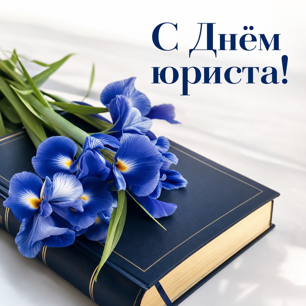 Элегантная открытка на День юриста с реалистичными синими ирисами на юридической книге.