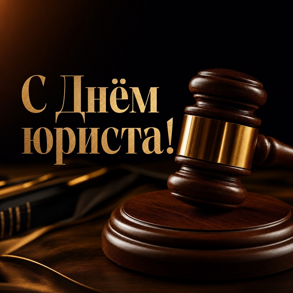 Элегантная открытка на День юриста с судейским молотком и тёплым кинематографичным светом.