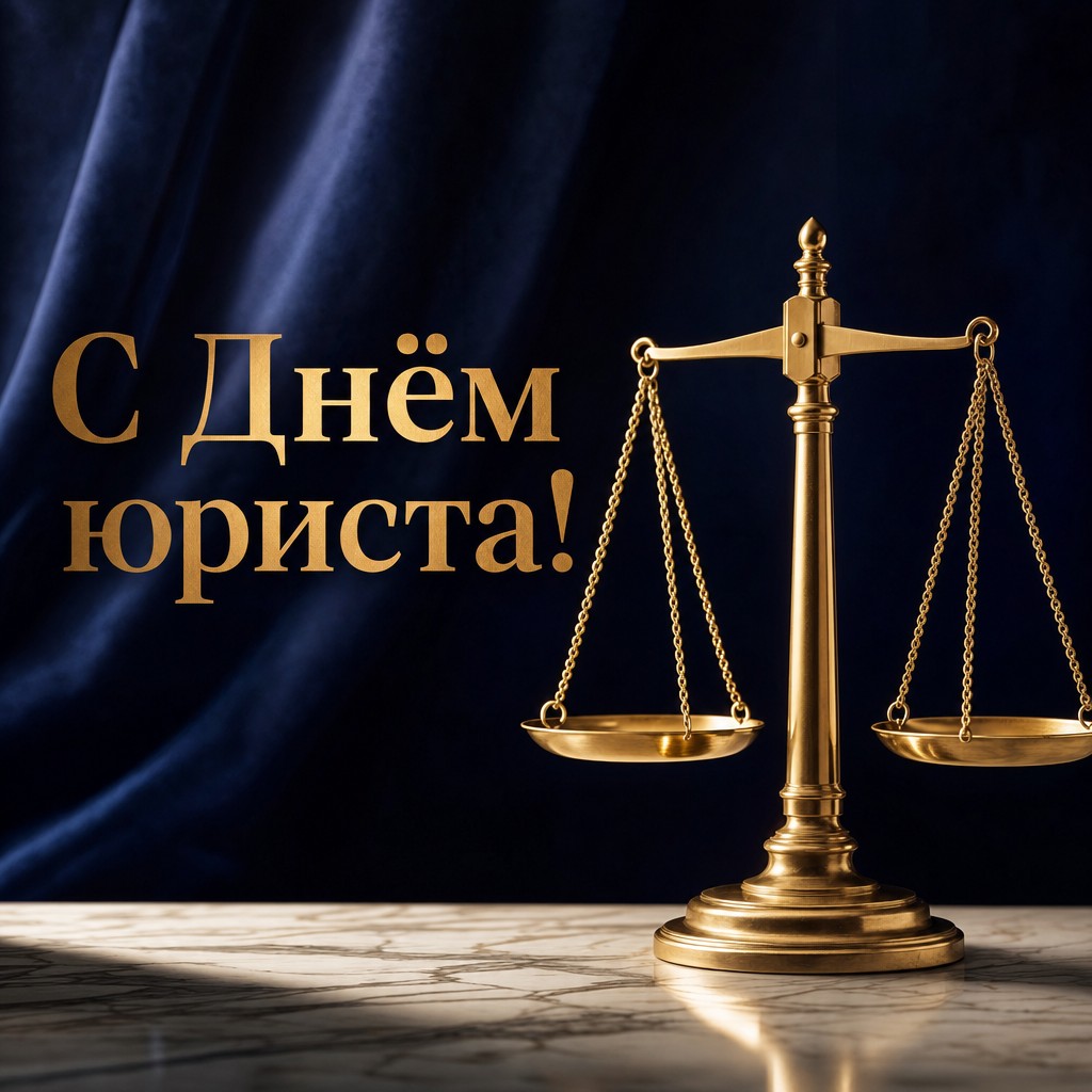 Стильная открытка на День юриста с золотыми весами правосудия на мраморе в премиальном оформлении.