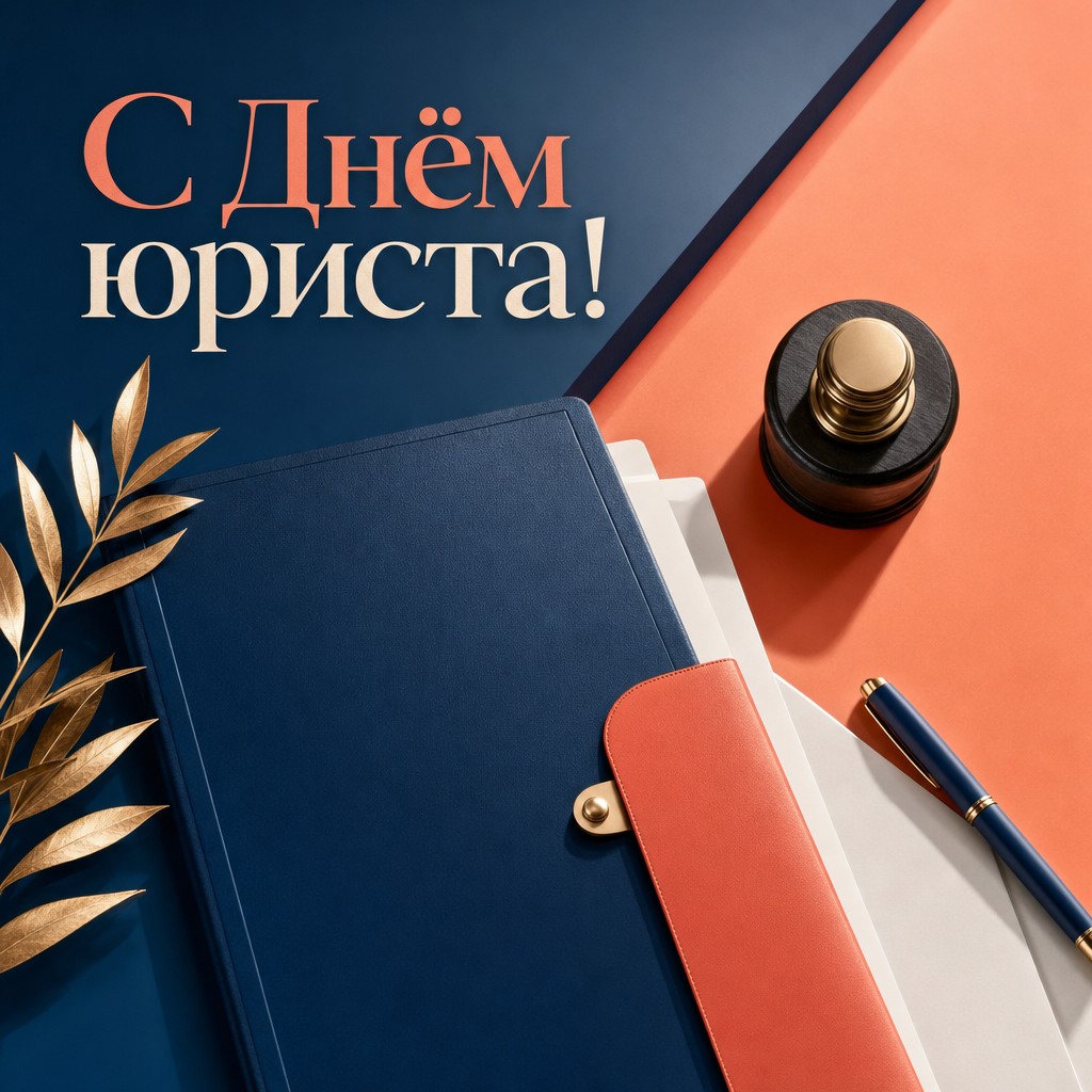 Яркая современная открытка на День юриста с юридической папкой, документами и аккуратным штампом.