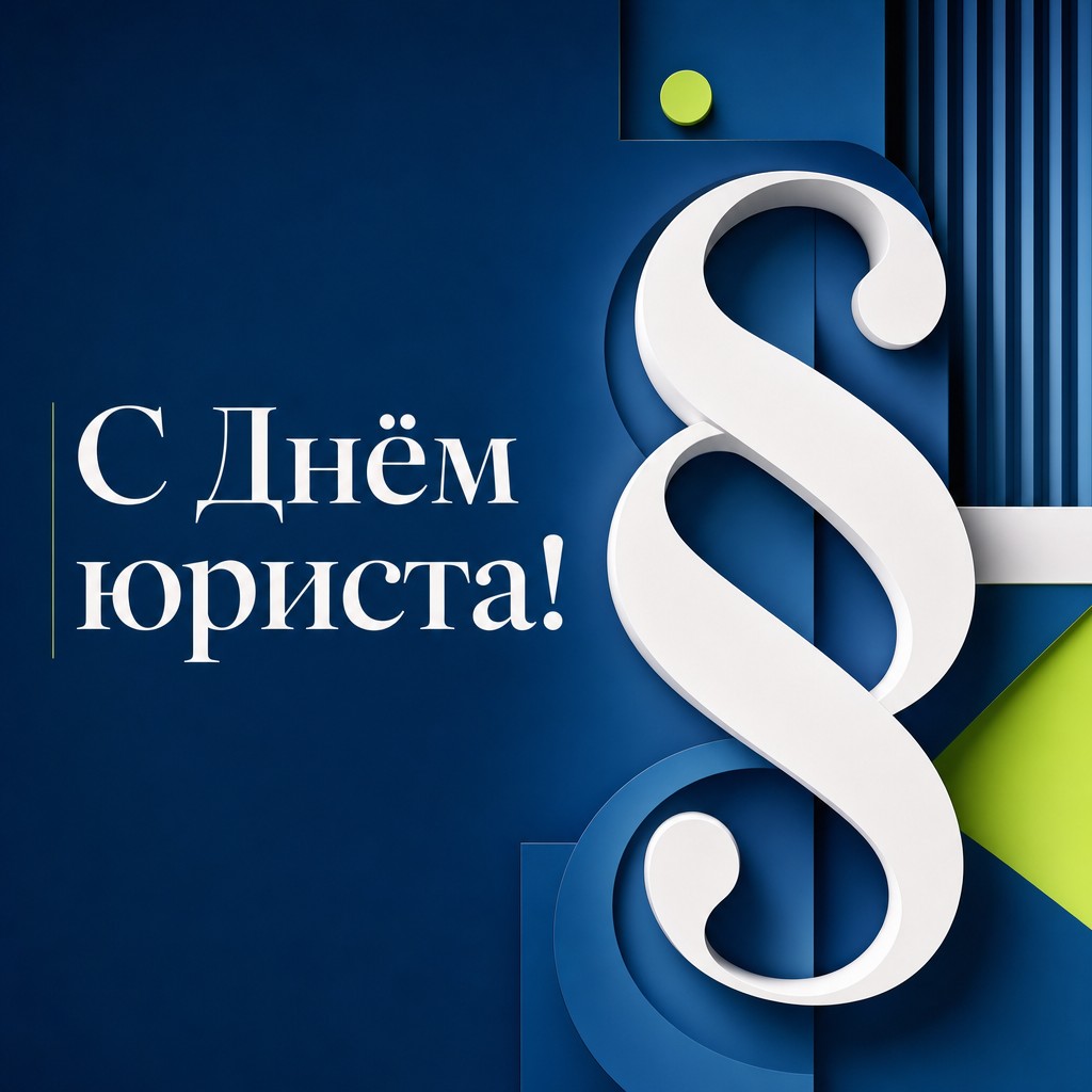 Современная открытка на День юриста со знаком параграфа, ярким ультрамарином и чистой графикой.
