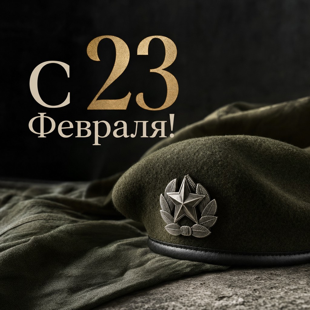 Строгая премиальная открытка к 23 февраля с беретом и серебристым значком.