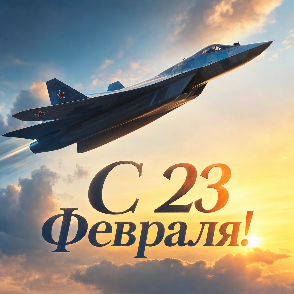 Динамичная открытка к 23 февраля с истребителем на рассветном небе.
