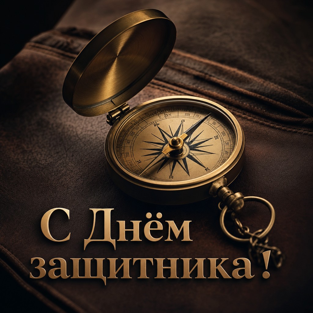 Премиальная открытка к 23 февраля с винтажным компасом и кинематографичным светом.