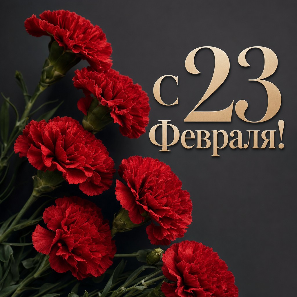 Стильная открытка к 23 февраля с реалистичными красными гвоздиками на графитовом фоне.