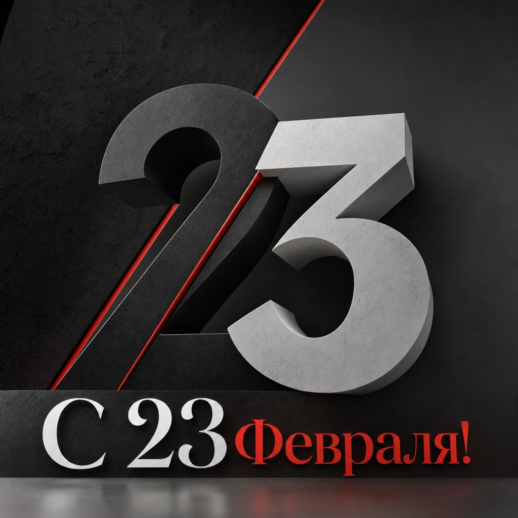Современная открытка к 23 февраля с крупной датой 23 в чёрно-белой палитре.