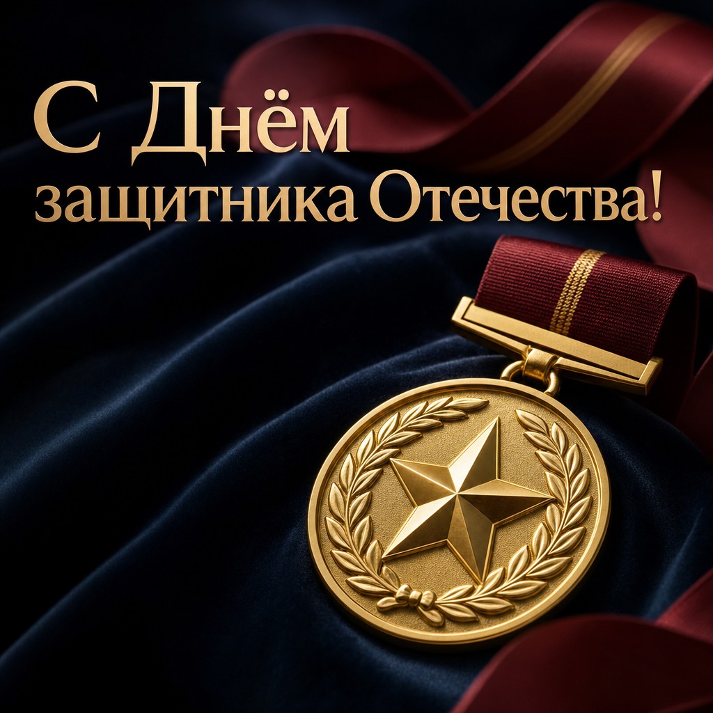 Премиальная открытка к 23 февраля с золотой медалью на тёмном бархате.