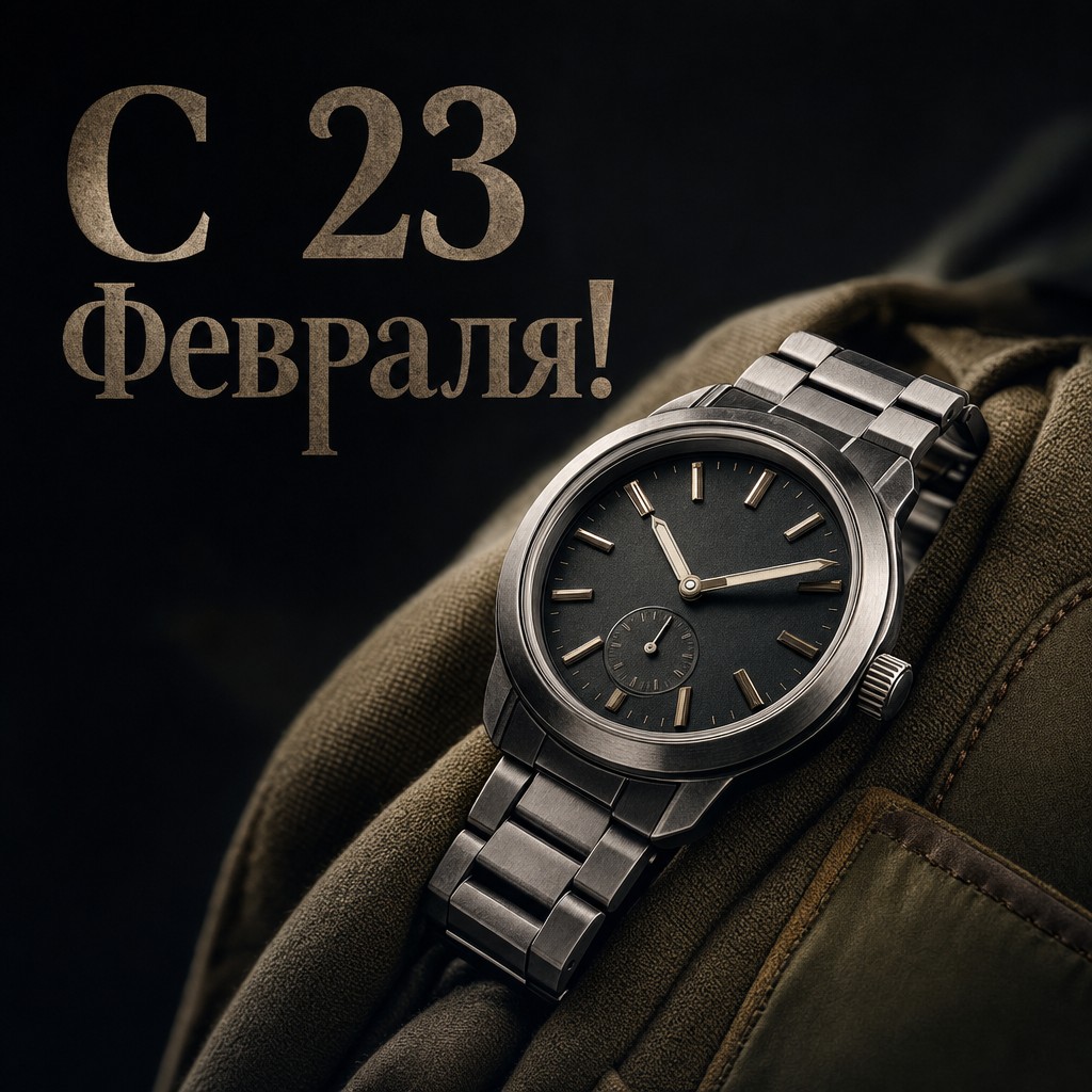 Премиальная мужская открытка к 23 февраля со стальными наручными часами.