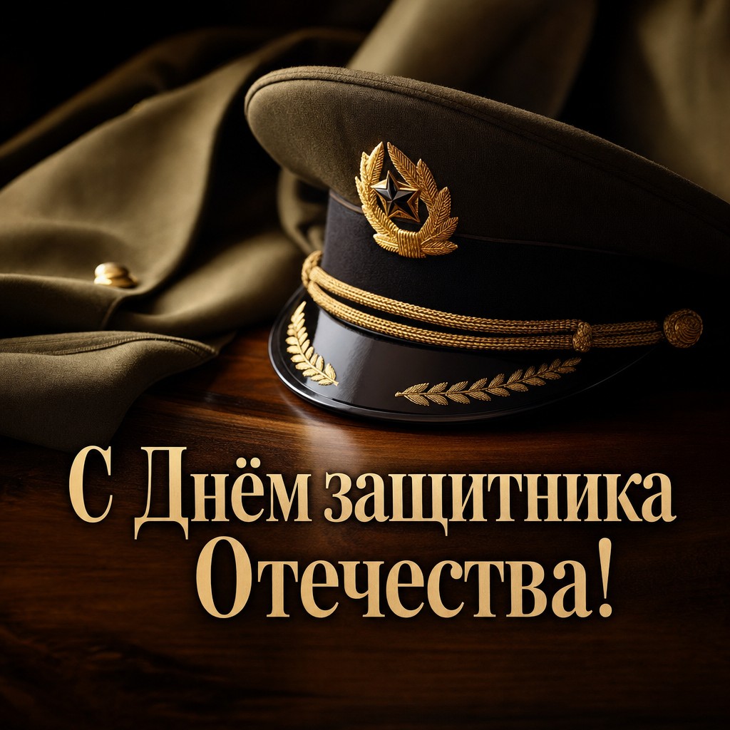 Стильная открытка к 23 февраля с офицерской фуражкой на тёплом деревянном фоне.