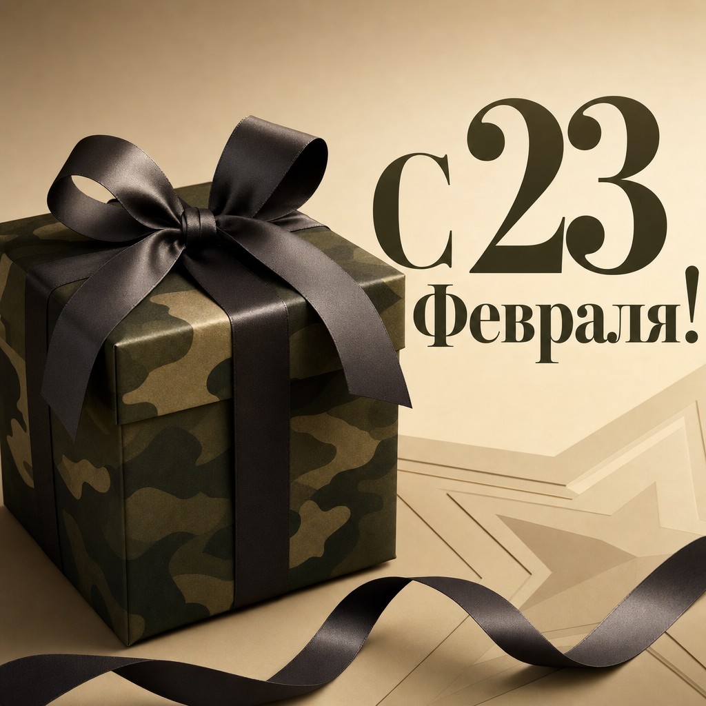 Современная открытка к 23 февраля с подарочной коробкой в оливковой палитре.