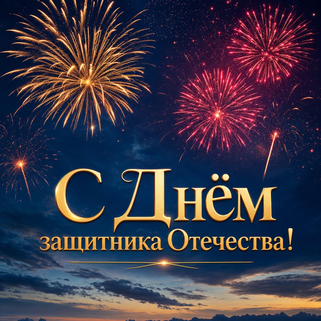 Праздничная открытка к 23 февраля с ярким салютом на тёмно-синем небе.