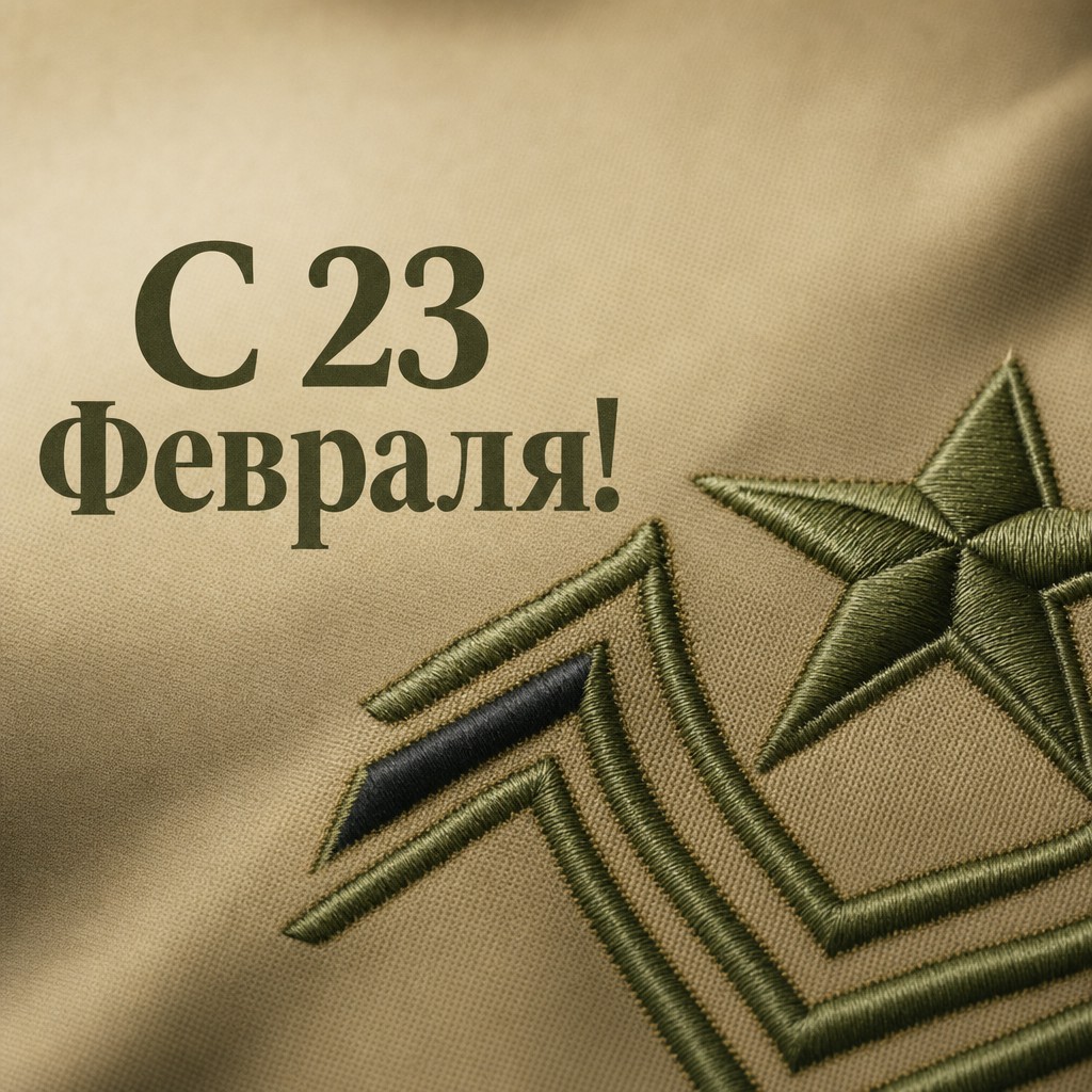 Лаконичная открытка к 23 февраля с вышитым шевроном-звездой на ткани.