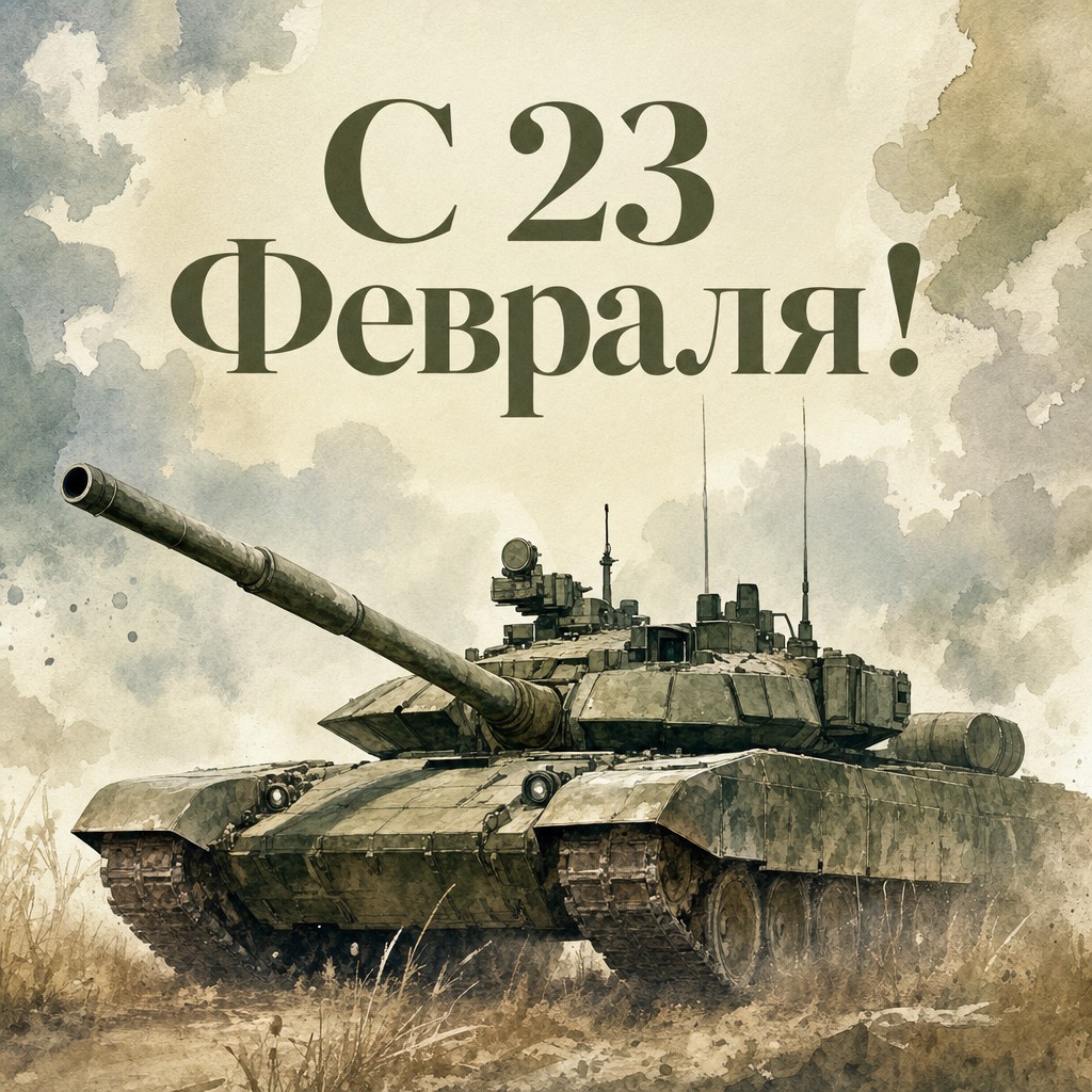 Сдержанная акварельная открытка к 23 февраля с силуэтом танка.