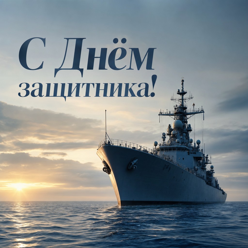 Сдержанная открытка к 23 февраля с военным кораблём на морском горизонте.