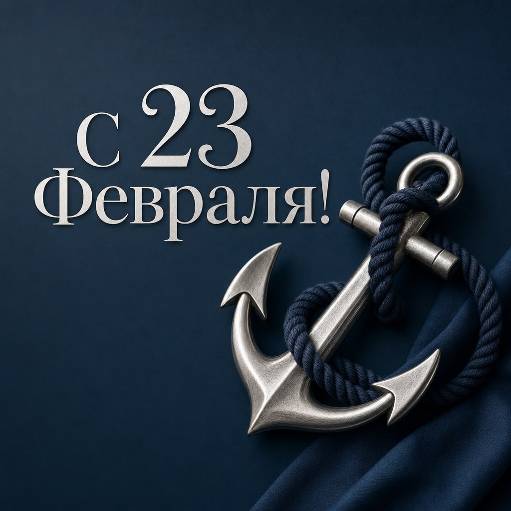 Минималистичная открытка к 23 февраля с серебристым якорем в морской стилистике.