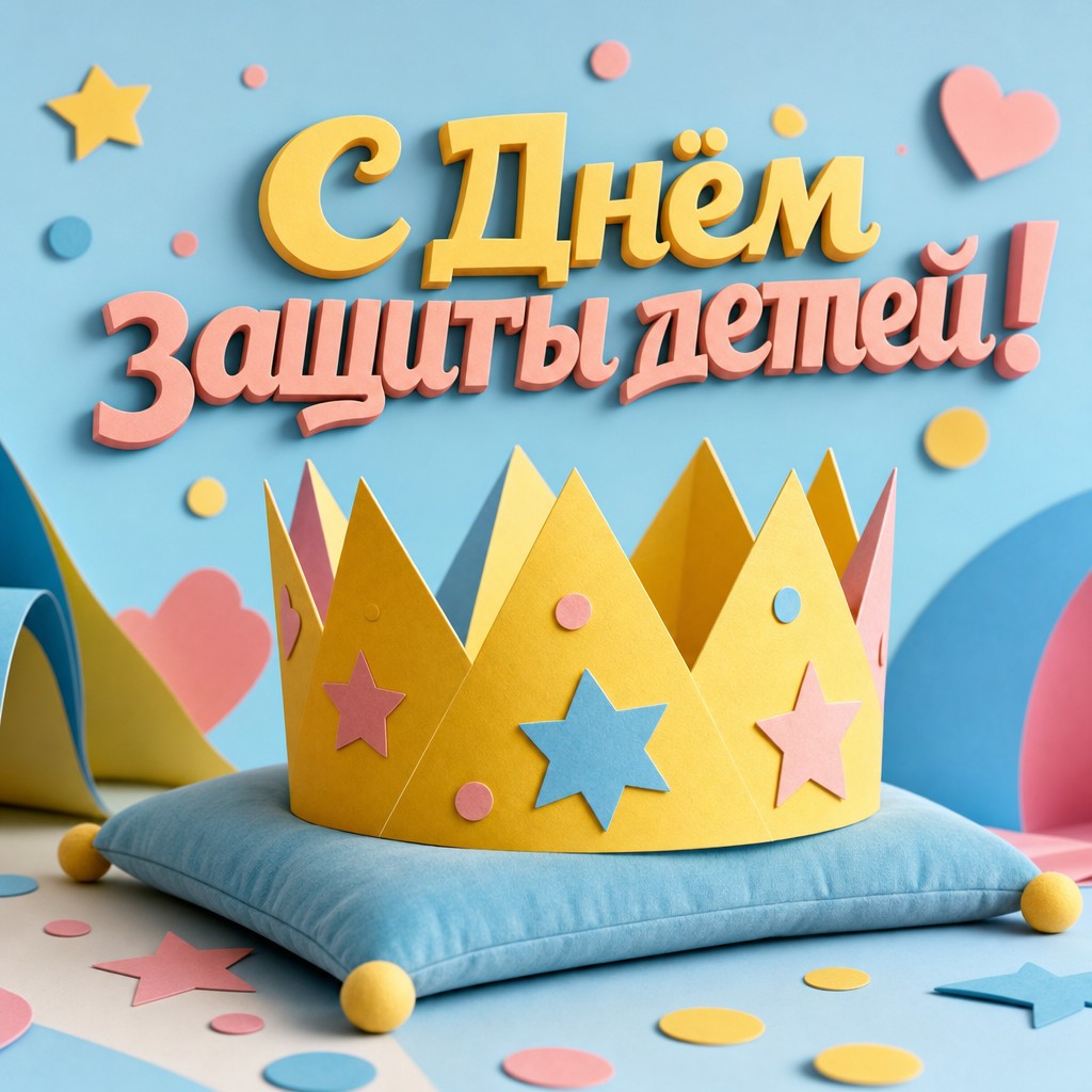 Праздничная открытка на День защиты детей с бумажной короной в мягком 3D стиле.